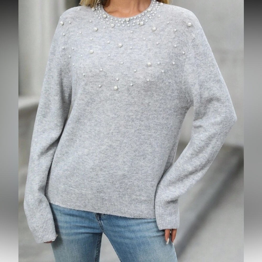 New Gray Sweater with Pearl Embellishments - Picture 2 of 5